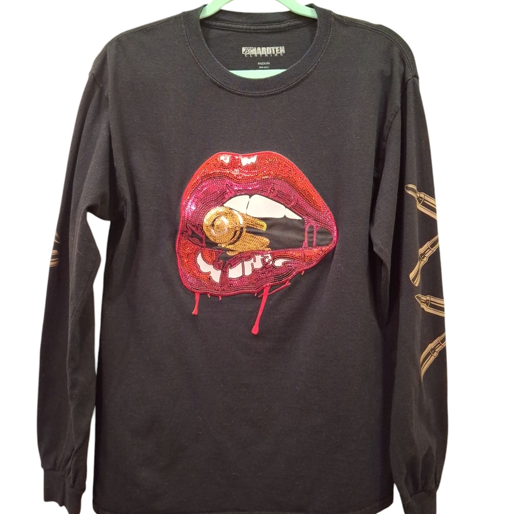 Hardten,Unisex,Black, Graphic Sequin Shirt with Red and Gold Design. No flaws